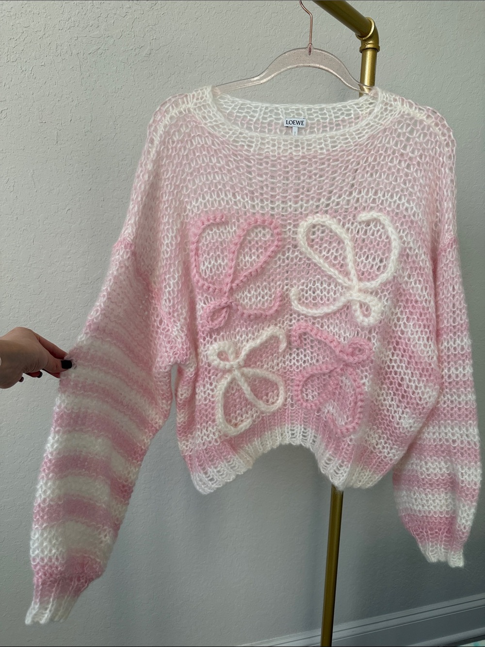 Loewe Pale Pink Hand-Knit Mohair-Blend Crewneck Sweater - Picture 3 of 9